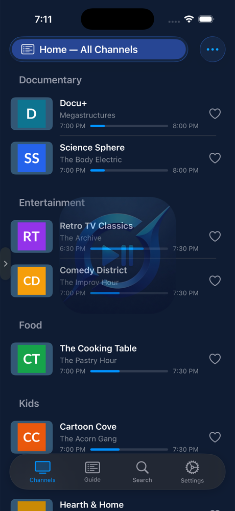The Channels tab — what's on now, progress, and one-tap favorites.