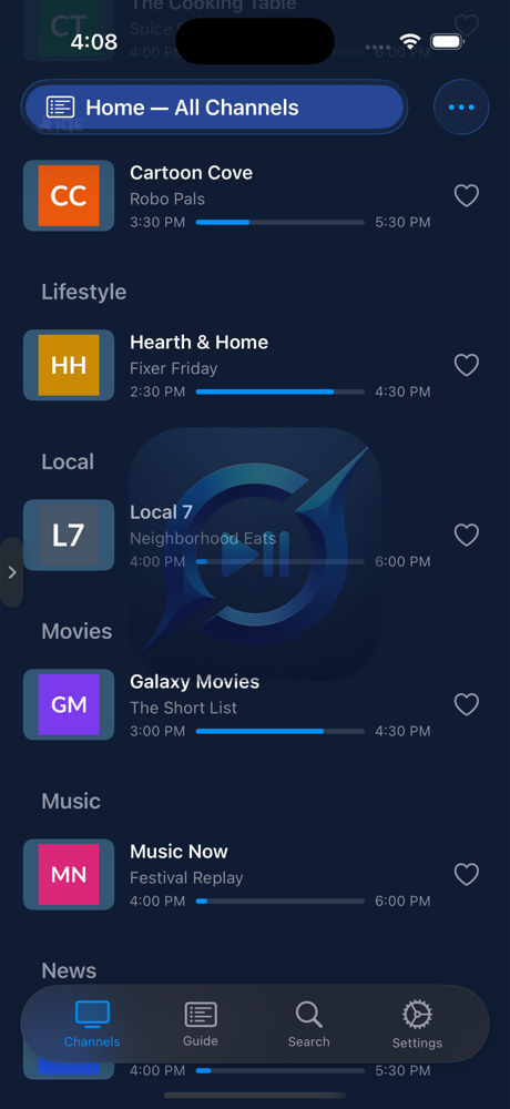 GiVo Stream channel list on iPhone with now-playing progress