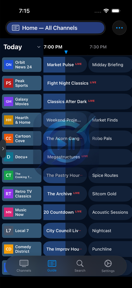 The Guide — 30-minute slots, live badges, and the day picker.