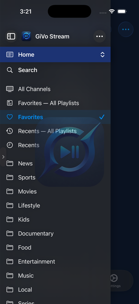 GiVo Stream playlist and category sidebar on iPhone