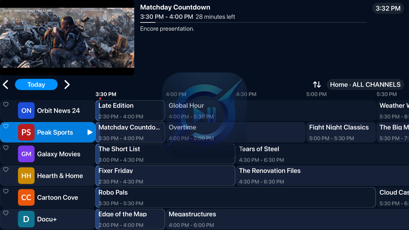 GiVo Stream on Apple TV — program guide with live preview playback