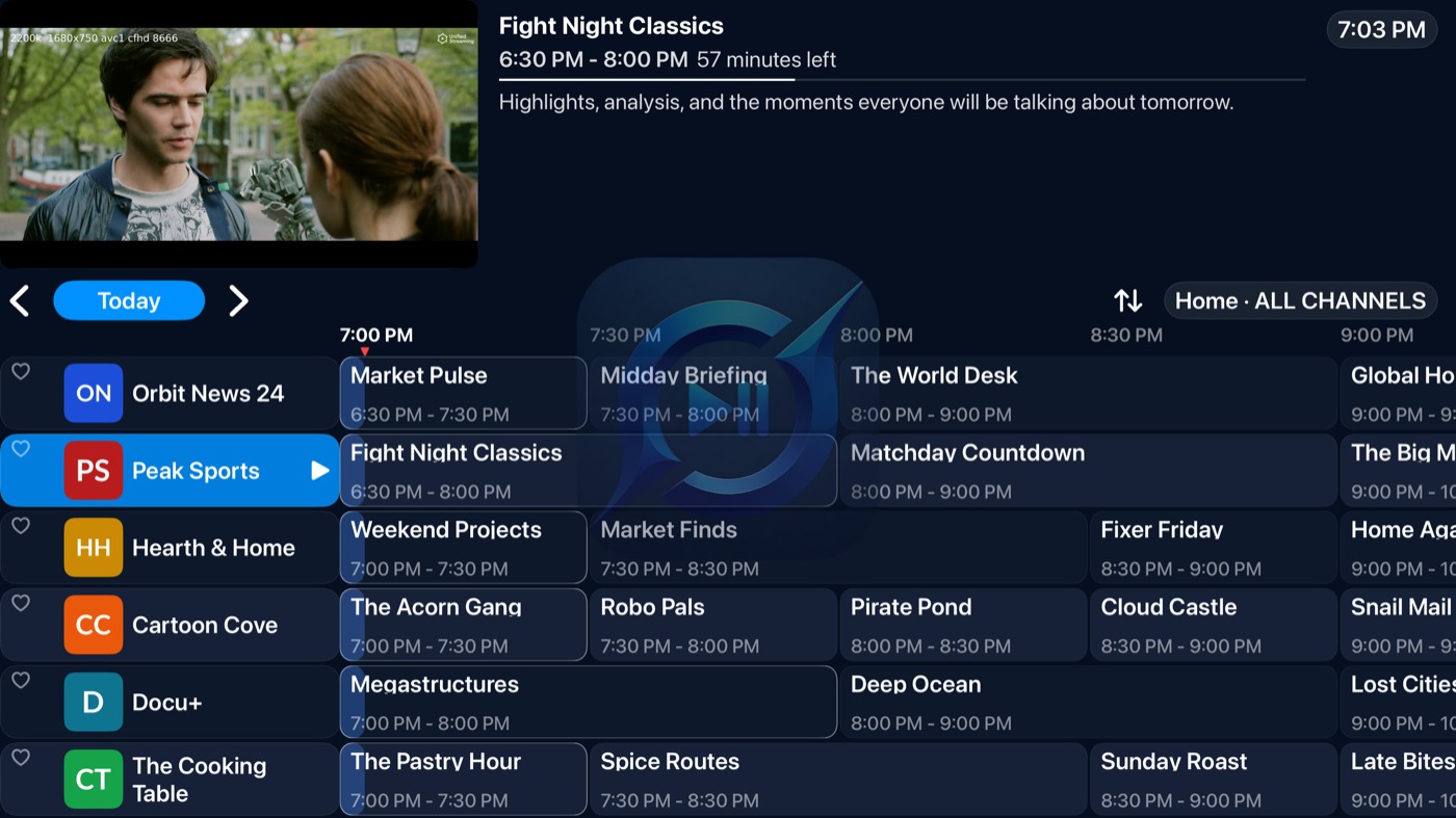 Home on Apple TV: live preview, program panel, and the Guide.