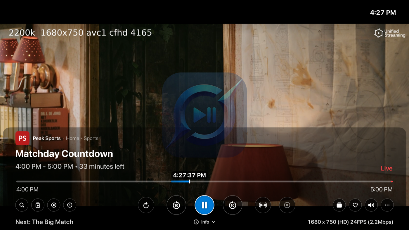 The info overlay: program, progress, Live badge, and every control.