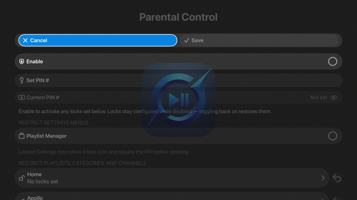 Parental Control — a PIN, locked categories, and hidden channels.