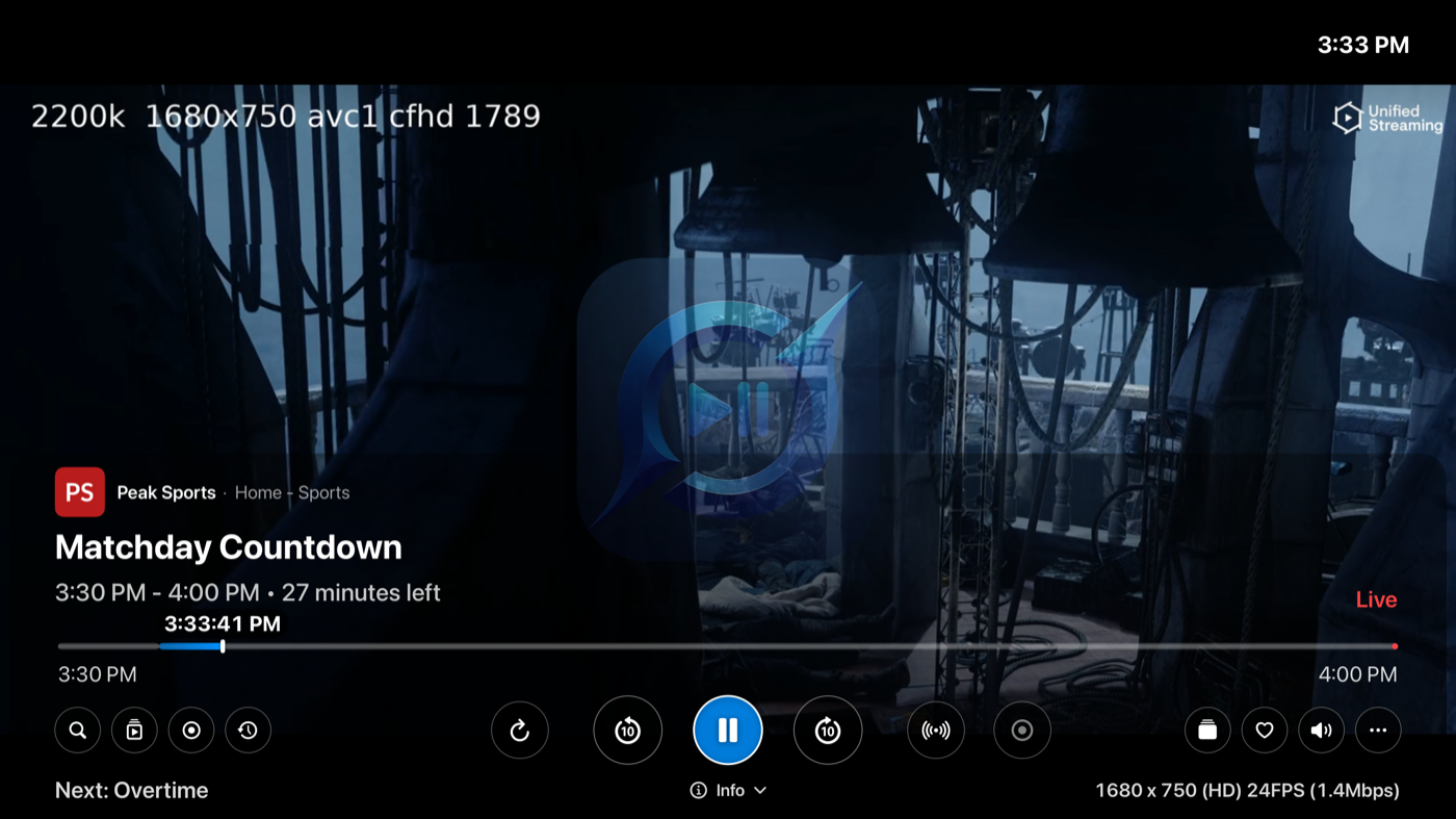 GiVo Stream fullscreen playback on Apple TV with scrub bar and controls