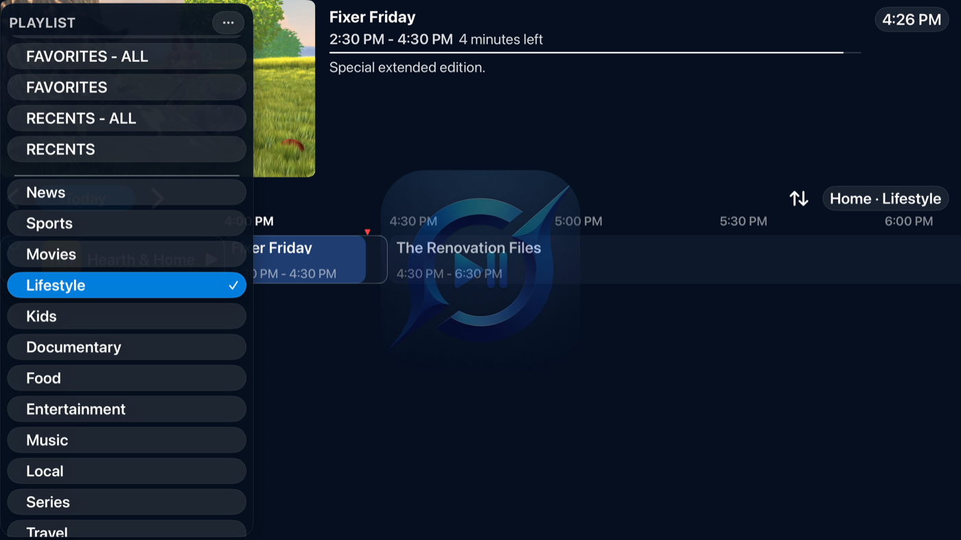 GiVo Stream playlist and category sidebar on Apple TV